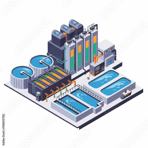 Modern Water Treatment Plant Facility Isometric Illustration.