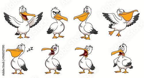 Cartoon pelican showing various emotions and actions in colorful style  