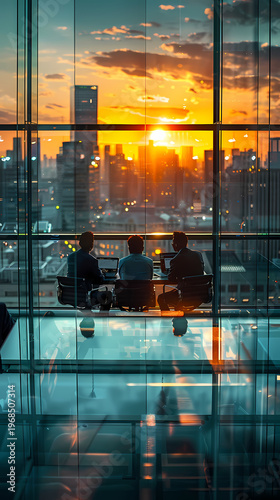 Two business professionals silhouetted in a glass conference room meeting at dusk, with a stunning glowing city skyline and skyscrapers visible through the floor-to-ceiling windows