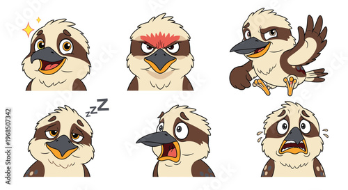 Kookaburra cartoon character with various facial expressions and poses  