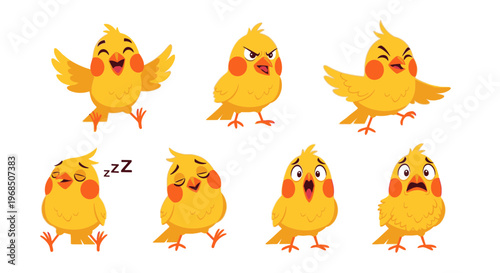 Cartoon yellow canaries expressing different emotions on white background  