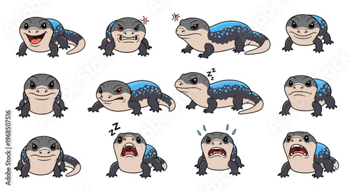 Blue-tongued skink character expressions in various moods and actions  
