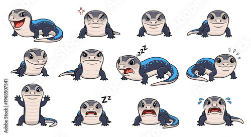 Cartoon blue-tongued skinks expressing various emotions and actions  