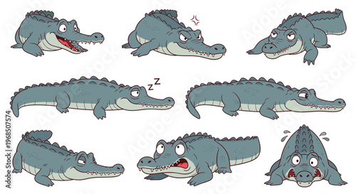 Cartoon crocodile displaying various emotions and actions on white background  