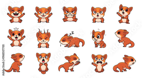 Cute cartoon fox characters expressing various emotions in colorful style  