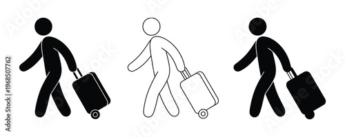 Traveler with luggage icon set, tourist backpack suitcase travel journey symbol, outline and solid and color style. Vector illustration.