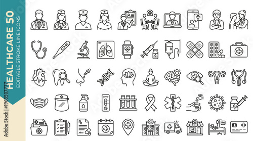 Healthcare icon set. Containing medicine, hospital, doctor, nurse, ambulance, medical, treatment, pills, mental care and more. Editable line icons. Vector illustration.