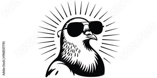 Cool pigeon with sunglasses, humorous bird design, black and white flat vector illustration, modern style, quirky animal art, trendy character