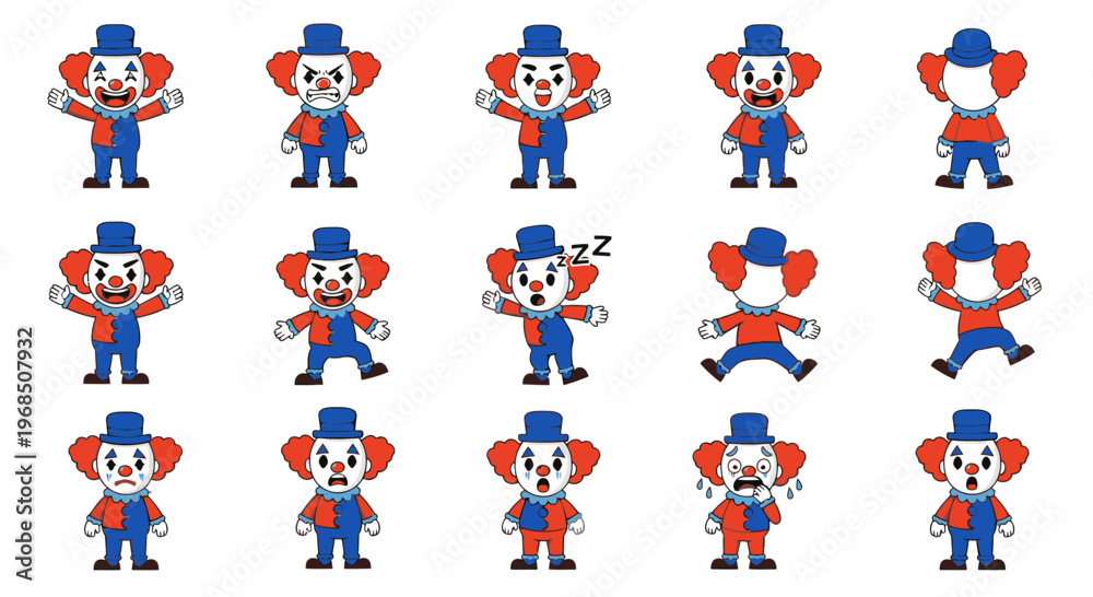 Fototapeta premium Cartoon clown character in various poses with colorful outfit 