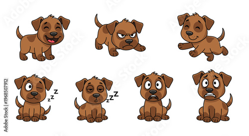 Cartoon brown puppy expressing various emotions on white background  