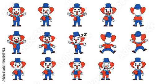 Cartoon clown character in various poses with colorful outfit  