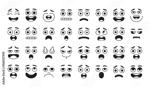 Large collection of expressive facial features and emoji heads in black ink line art style drawing.