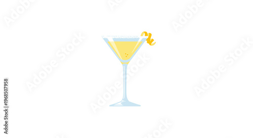 A slender conical martini glass with bright yellow liquid and a frosted sugar rim has a tightly coiled lemon twist.
