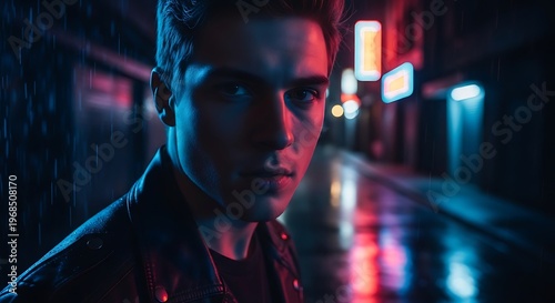 Rainy night portrait, young man in leather jacket, city street background, neon lights