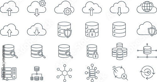 Cloud database and storage line icon set featuring data security backup synchronization servers and network infrastructure symbols