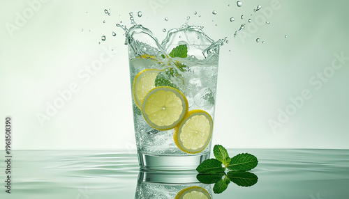 A refreshing glass of water with lemons and mint leaves on a calm surface