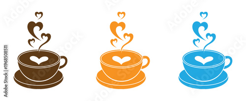 Coffee cup icon set with heart design and steam rising. Warm cup of coffee with smiling face and hearts, radiating love and comfort.