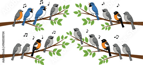 Colorful birds on branches illustration set featuring singing songbirds with leaves in nature wildlife and decorative design style
