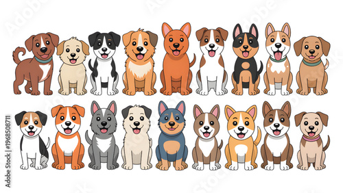 Cute Cartoon Dogs Sitting in Row on White Background