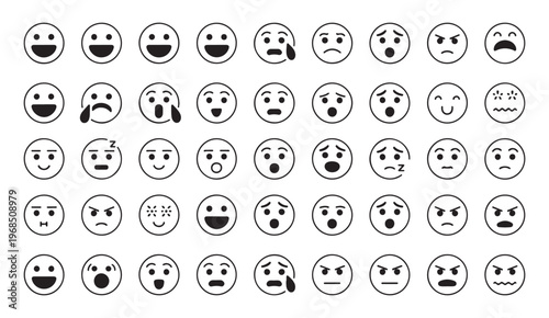 Minimalist black and white line art emoji icons representing various human emotions and facial states.