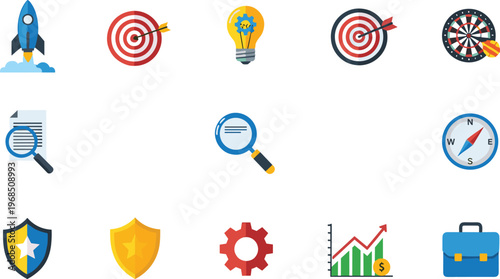 Business success and strategy flat icon set featuring target achievement rocket launch analytics security compass and growth symbols