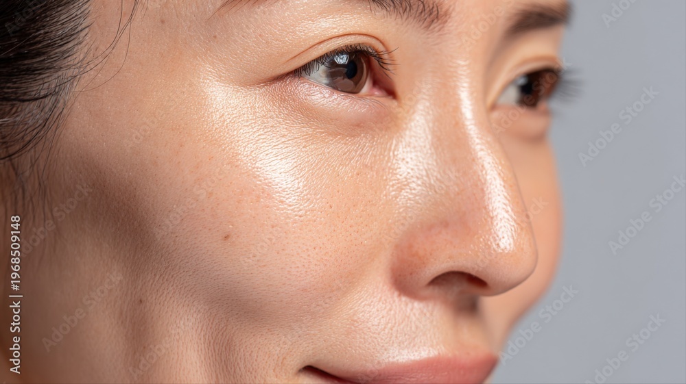 Fototapeta premium Close-up Portrait of Woman with Radiant, Healthy Skin Exhibiting Natural Beauty and Facial Skincare