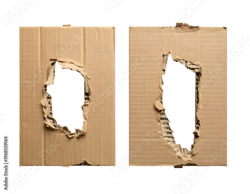 Two torn cardboard panels revealing white void with frayed edges