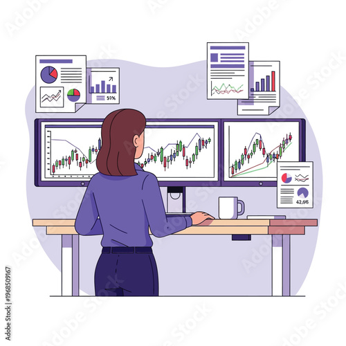 Woman analyzing stock market graphs on multiple computer screens, illustrating financial data analysis and investment strategies