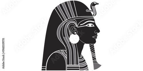 Ancient Egyptian queen profile, goddess with cobra headdress, flat vector illustration, traditional art style, royalty, divine authority, cultural heritage, history
