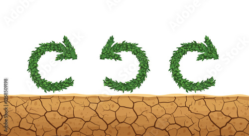 Three distinct green leaf-patterned arrows forming recycling symbols hover above a wide parched cracked brown soil surface.