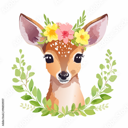 Rehkitz mit Blumenkranz – Aquarell Vektor Look