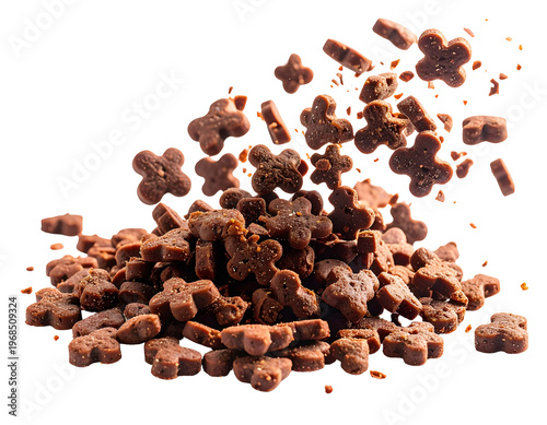 Small, brown, bear-shaped treats cascading into a pile
