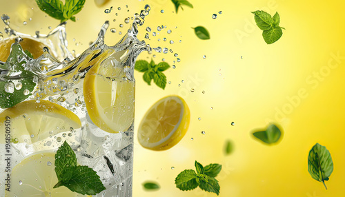 A refreshing glass of lemonade with mint leaves and ice cubes