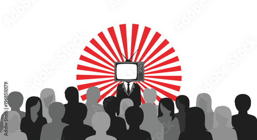 A grayscale crowd watches a man with a television head in front of a red and white sunburst pattern.