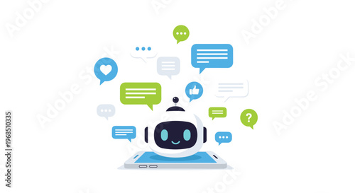 A robot head on a smartphone is surrounded by various colorful speech bubbles with icons on a white background.