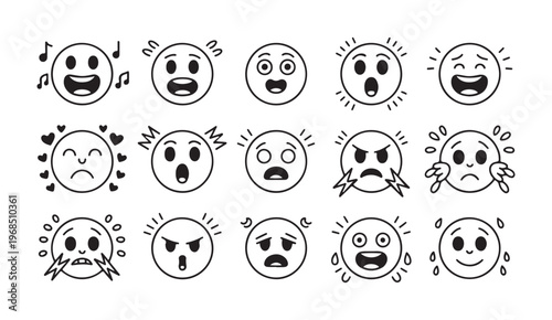 Set of colorful cartoon emoticons, collection of outline avatars showing different emotions.