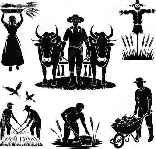 PrintAgricultural activity illustration, traditional farming artwork, rural life design, crop harvesting planting, oxen plowing field, scarecrow vector, wheelbarrow produce artwork