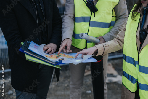 Construction engineers examine printed plans and maps while pointing at details on a job site. Colleagues in high-visibility vests collaborate over blueprints during an outdoor site meeting.