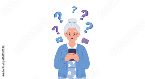 An elderly woman looks confused at her smartphone, surrounded by floating question marks and message icons.