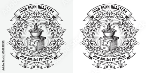 Vintage Manual Coffee Grinder Logo Iron Bean Roastery Slow Roasted