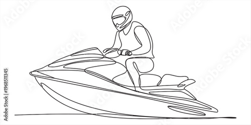 Continuous line drawing of a person riding a fast jet ski on the water during a summer vacation Vector, illustration