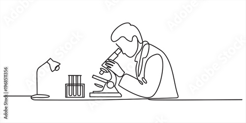 A continuous line drawing of a scientist looking through a microscope in a laboratory setting. Vector, illustration