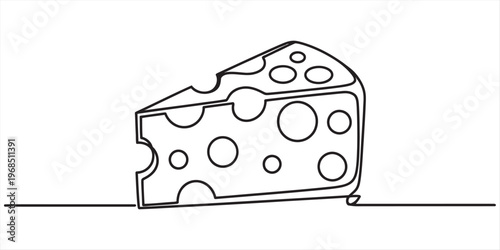 A single continuous line drawing of a wedge of swiss cheese with holes on a plain white background Vector, illustration