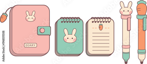 Cute Rabbit Stationery Set with Diary Notebook Planner and Pen Illustration