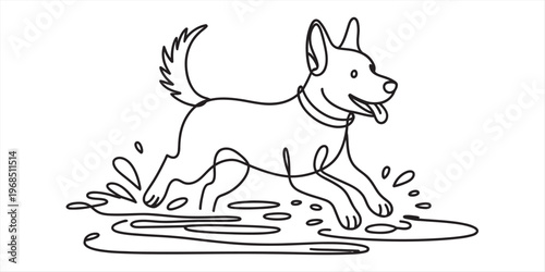 A single continuous line drawing of a happy dog running and playing in a large puddle of water Vector, illustration