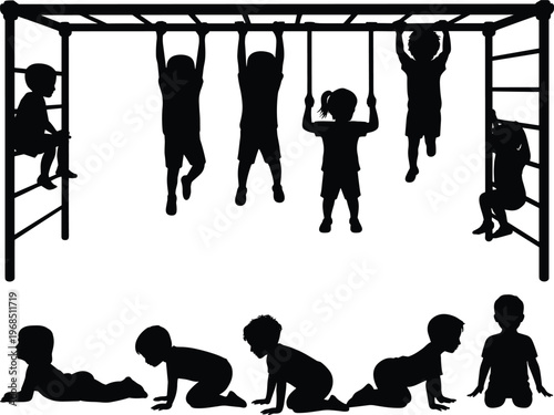 PrintChildren playground silhouettes, kids climbing frames, monkey bars activity, crawling poses, physical development, playtime vector, outdoor fun, childhood icon, fitness design, educational art