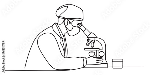 A continuous line drawing of a dedicated scientist looking through a laboratory microscope view Vector, illustration