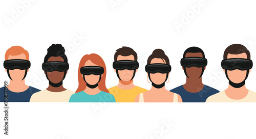 A diverse group of seven individuals, men and women, wear black virtual reality headsets in a row on a plain white background.