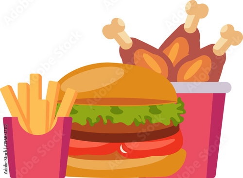 Illustration of Fast Food Burger, Fried Chicken with French Fries and Drink