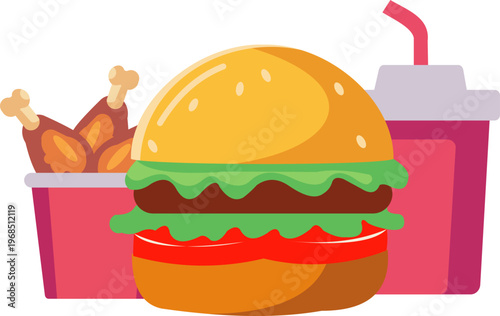 Illustration of Fast Food Burger, Fried Chicken with French Fries and Drink